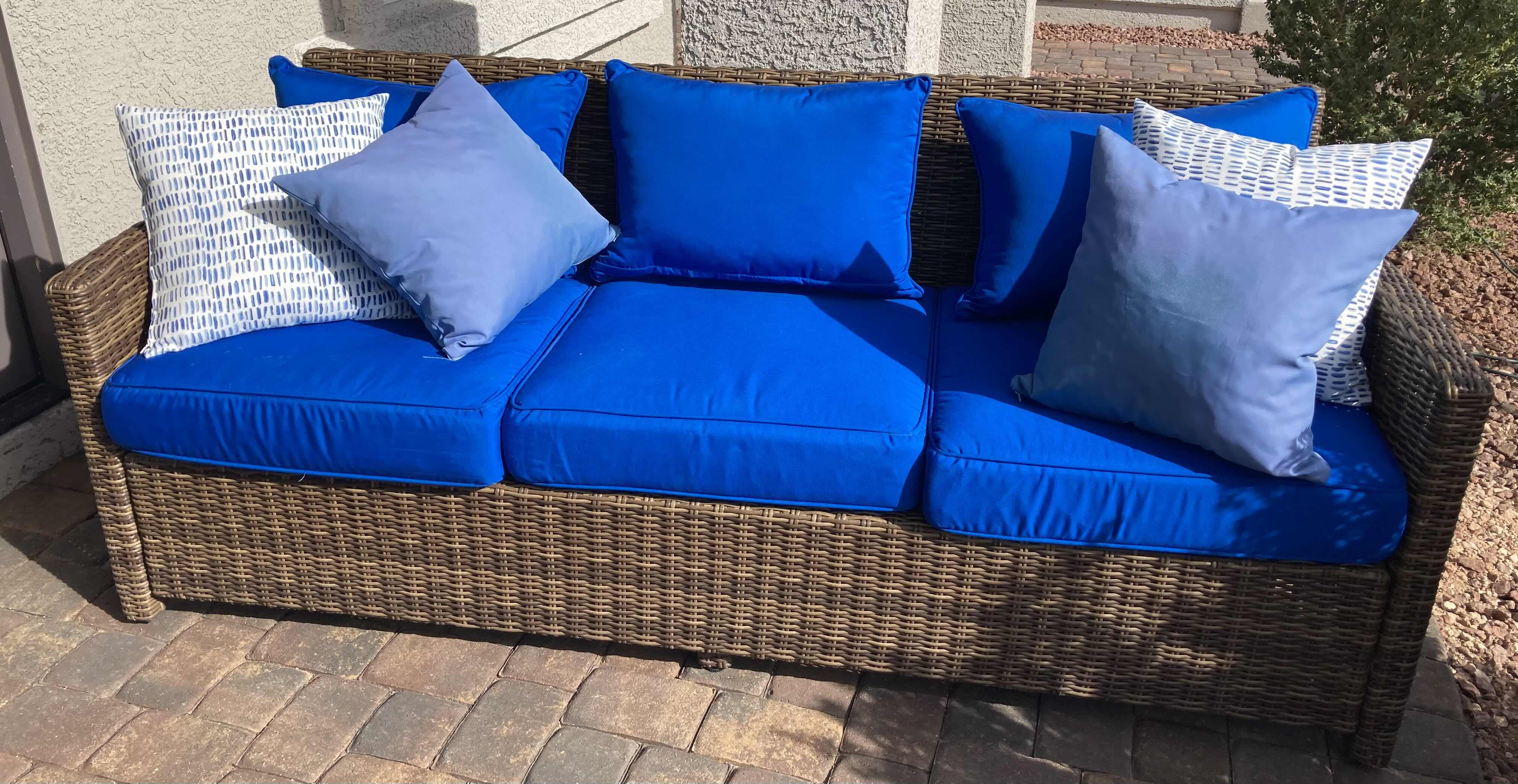 Photo 1 of CROSLEY FURNITURE WOVEN PATIO SOFA & CUSTOM MADE BLUE CUSHIONS W THROW PILLOWS 80” X 31” H32”