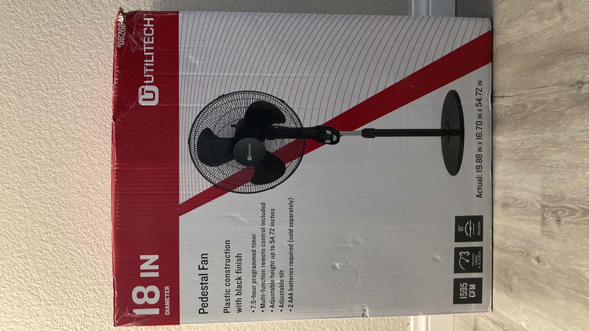 Photo 1 of NEW UTILITECH BLACK PEDESTAL FAN W REMOTE AAA BATTERIES REQUIRED