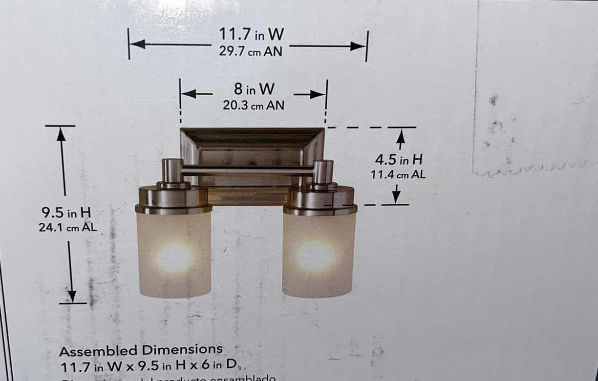 Photo 3 of NEW HAMPTON BAY CADE 2-LIGHT BRUSHED NICKEL FINISH VANITY FIXTURE W FROSTED WHITE GLASS SHADES 11.7” X 6” H9.5”