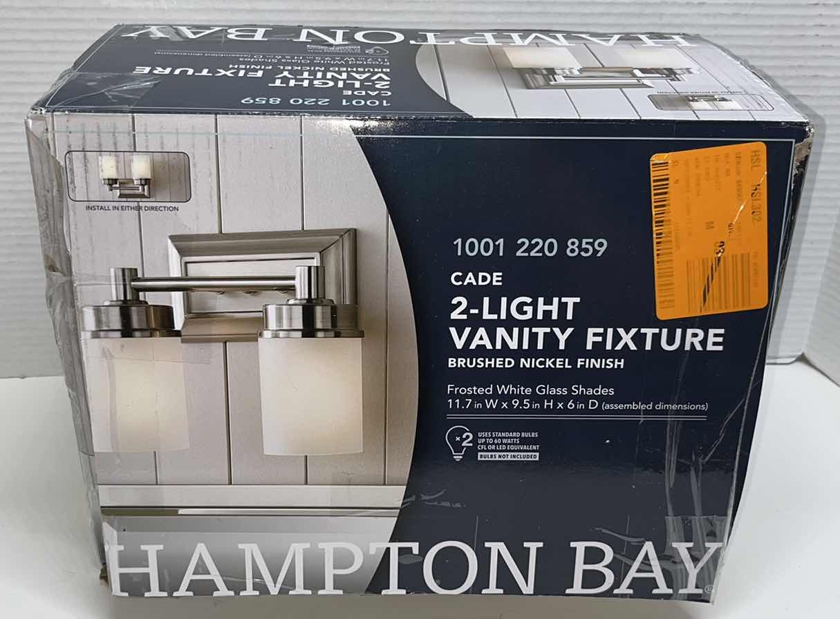 Photo 2 of NEW HAMPTON BAY CADE 2-LIGHT BRUSHED NICKEL FINISH VANITY FIXTURE W FROSTED WHITE GLASS SHADES 11.7” X 6” H9.5”