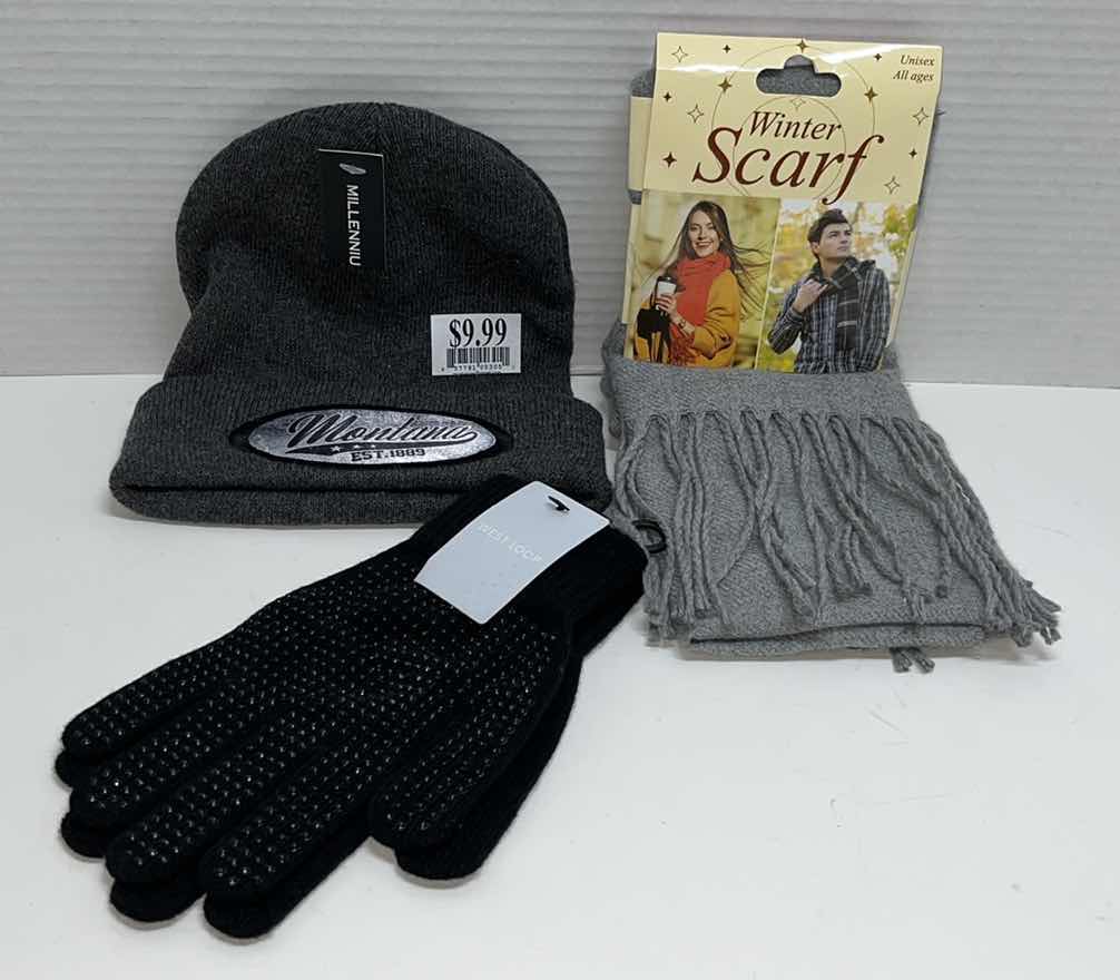 Photo 1 of NEW MONTANA GREY BEANIE, GREY WINTER SCARF & BLACK GRIPPER GLOVES