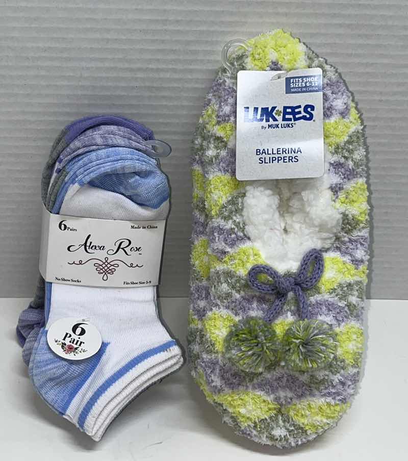 Photo 1 of NEW ALEXA ROSE WOMENS 6 PAIRS NO SHOW SOCKS SIZE 5-9 & LUK EES BY MUK LUKS BALLERINA SLIPPERS SIZE 6-11