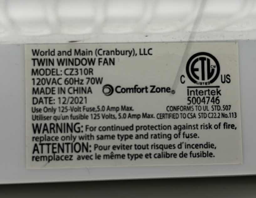 Photo 7 of COMFORT ZONE TWIN WINDOW FAN, MODEL CZ310R