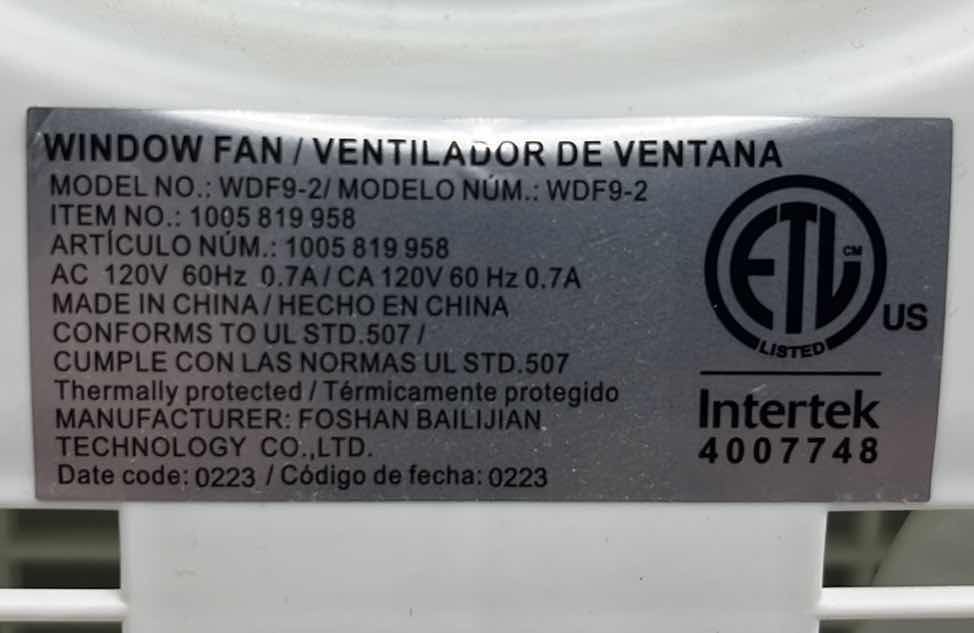 Photo 6 of INTERTEK WINDOW FAN, MODEL WDF9-2