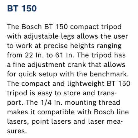 Photo 3 of BOSCH STAND BT 150 LASER LEVEL COMPACT TRIPOD, MODEL 3601K96B10