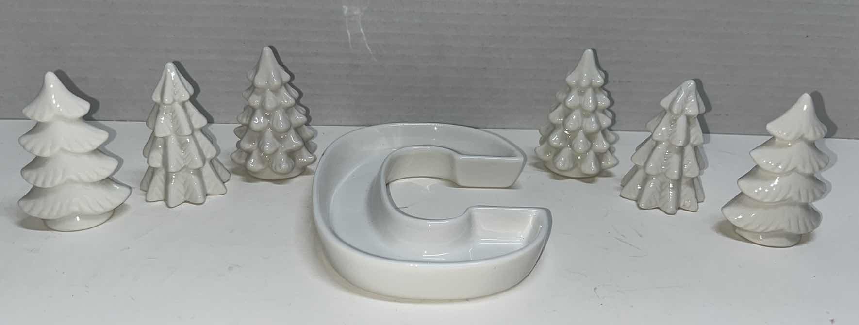 Photo 1 of CERAMIC CHRISTMAS TABLE DECOR, 6 CHRISTMAS TREES AND THE LETTER C CERAMIC DISH