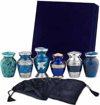 Photo 1 of FEDNAX METAL KEEPSAKE 6PC SET MINI URNS W BAGS & STORAGE BOX MODEL 7456-BLUE FAMILY