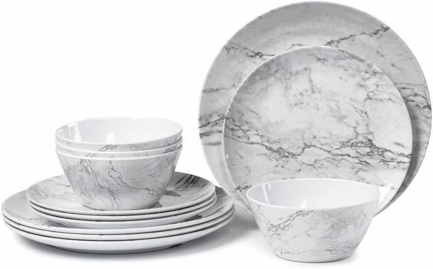 Photo 2 of NEW AMAZON BASICS WHITE MARBLE FINISH MELAMINE PLASTIC DINNERWARE 12PC SET