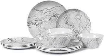 Photo 1 of NEW AMAZON BASICS WHITE MARBLE FINISH MELAMINE PLASTIC DINNERWARE 12PC SET