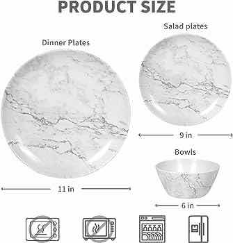 Photo 3 of NEW AMAZON BASICS WHITE MARBLE FINISH MELAMINE PLASTIC DINNERWARE 12PC SET