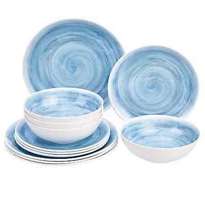 Photo 1 of NEW AMAZON BASICS BLUE GLAZE W RUSTIC EDGE FINISH MELAMINE PLASTIC DINNERWARE 12PC SET