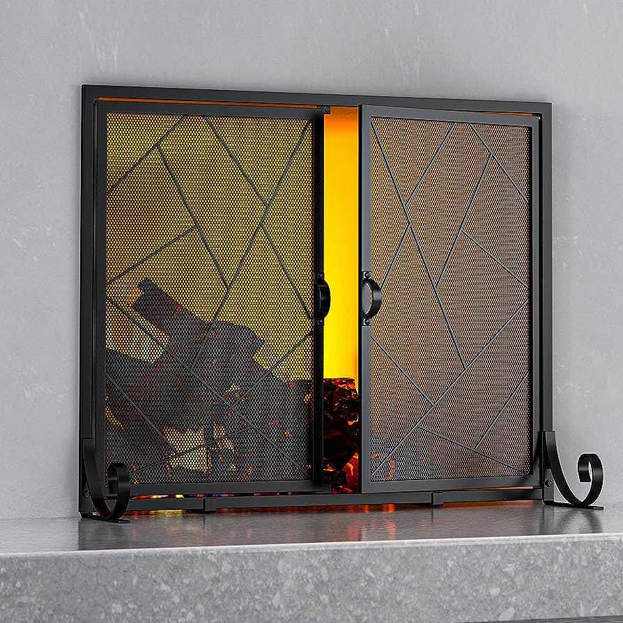 Photo 2 of NEW FIRE BEAUTY FREE STANDING FIREPLACE SCREEN W GEOMETRIC DESIGNED CAST IRON FRAMED DOORS 48” X 11” H28”