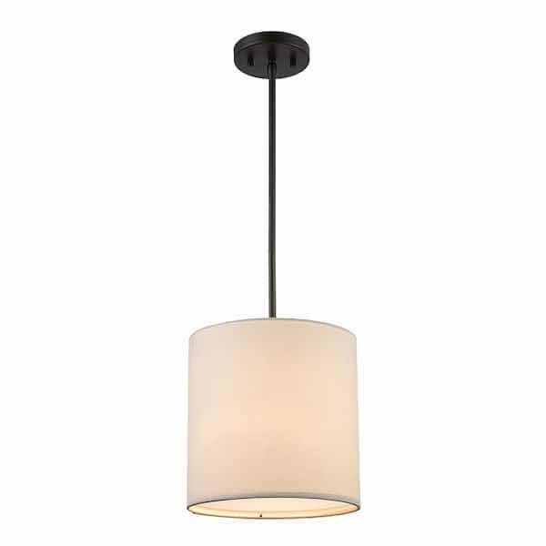 Photo 1 of NEW MONTEAUX LIGHTING 1-LIGHT PENDANT, BLACK FINISH W WHITE LINEN SHADE 10” X 10” 47.5” MODEL 1006354415