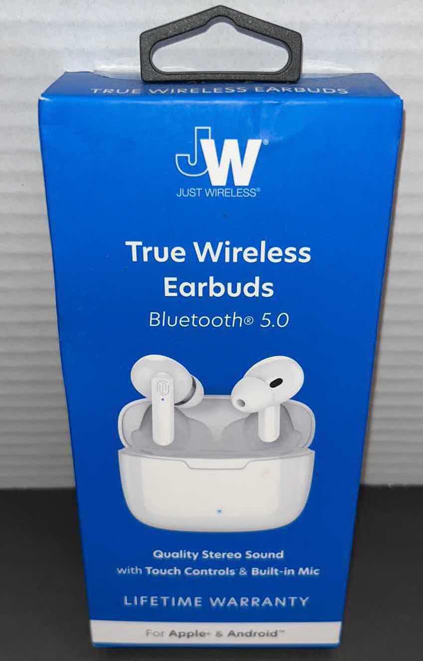 Photo 1 of NEW JUST WIRELESS TRUE WIRELESS EARBUDS , BLUETOOTH 5.0 FOR APPLE & ANDROID (WHITE)