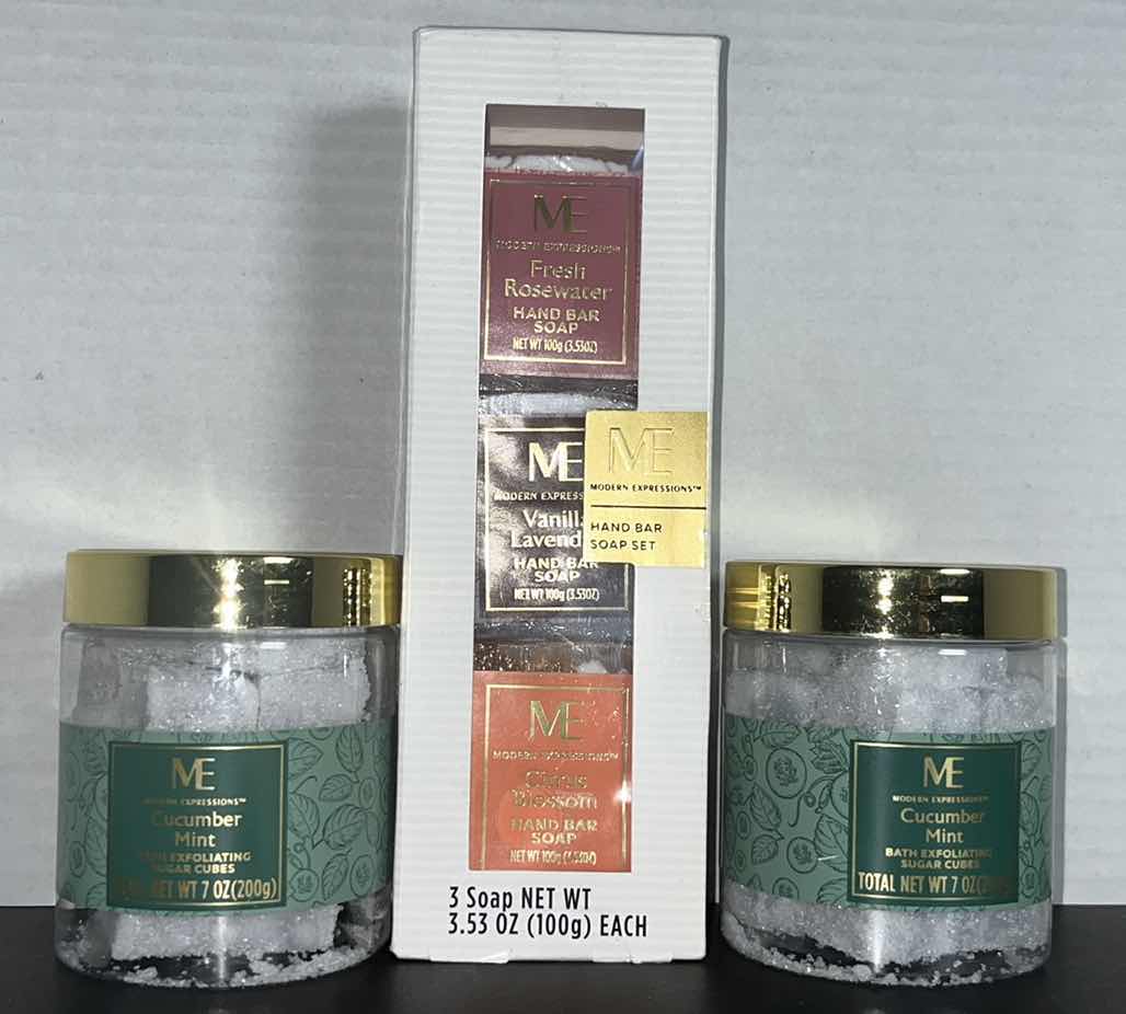 Photo 1 of NEW MODERN EXPRESSIONS HAND BAR SOAP 3-PC SET & 2 JARS CUCUMBER MINT BATH EXFOLIATING SUGAR CUBES