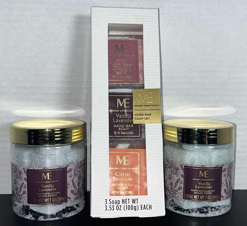 Photo 1 of NEW MODERN EXPRESSIONS HAND BAR SOAP 3-PC SET & 2 JARS VANILLA LAVENDER BATH EXFOLIATING SUGAR CUBES