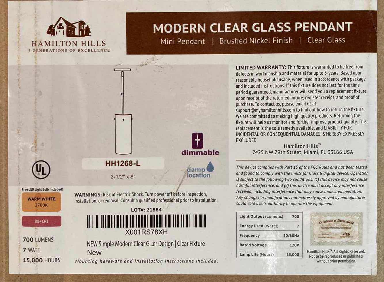 Photo 5 of NEW HAMILTON HILLS MODERN BUSHED NICKEL CLEAR GLASS PENDANT MODEL HH1268-L