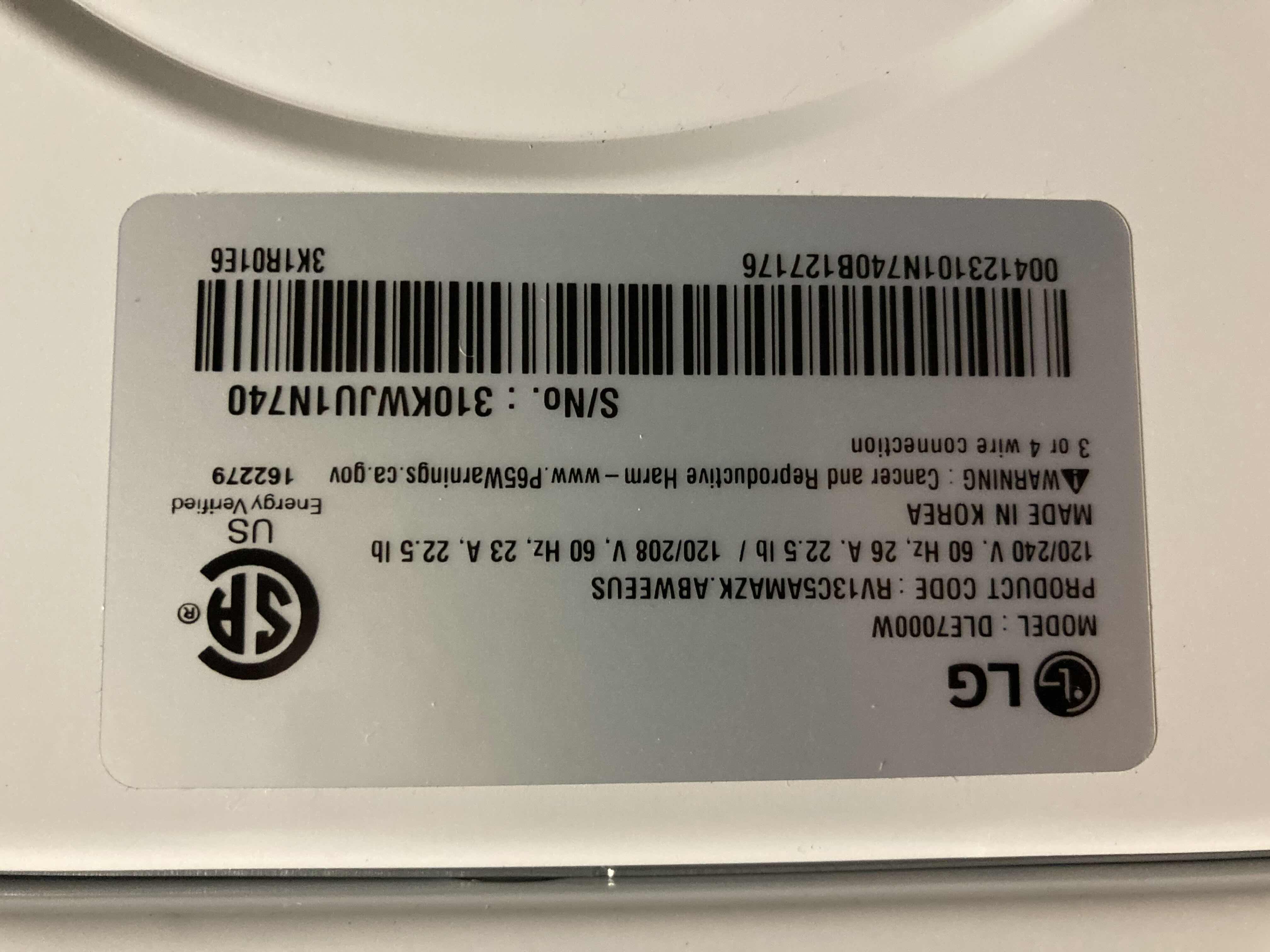 Photo 7 of LG ELECTRIC ULTRA LARGE CAPACITY SENSOR TECHNOLOGY DRYER MODEL DLE7000W 7.3CU.FT.