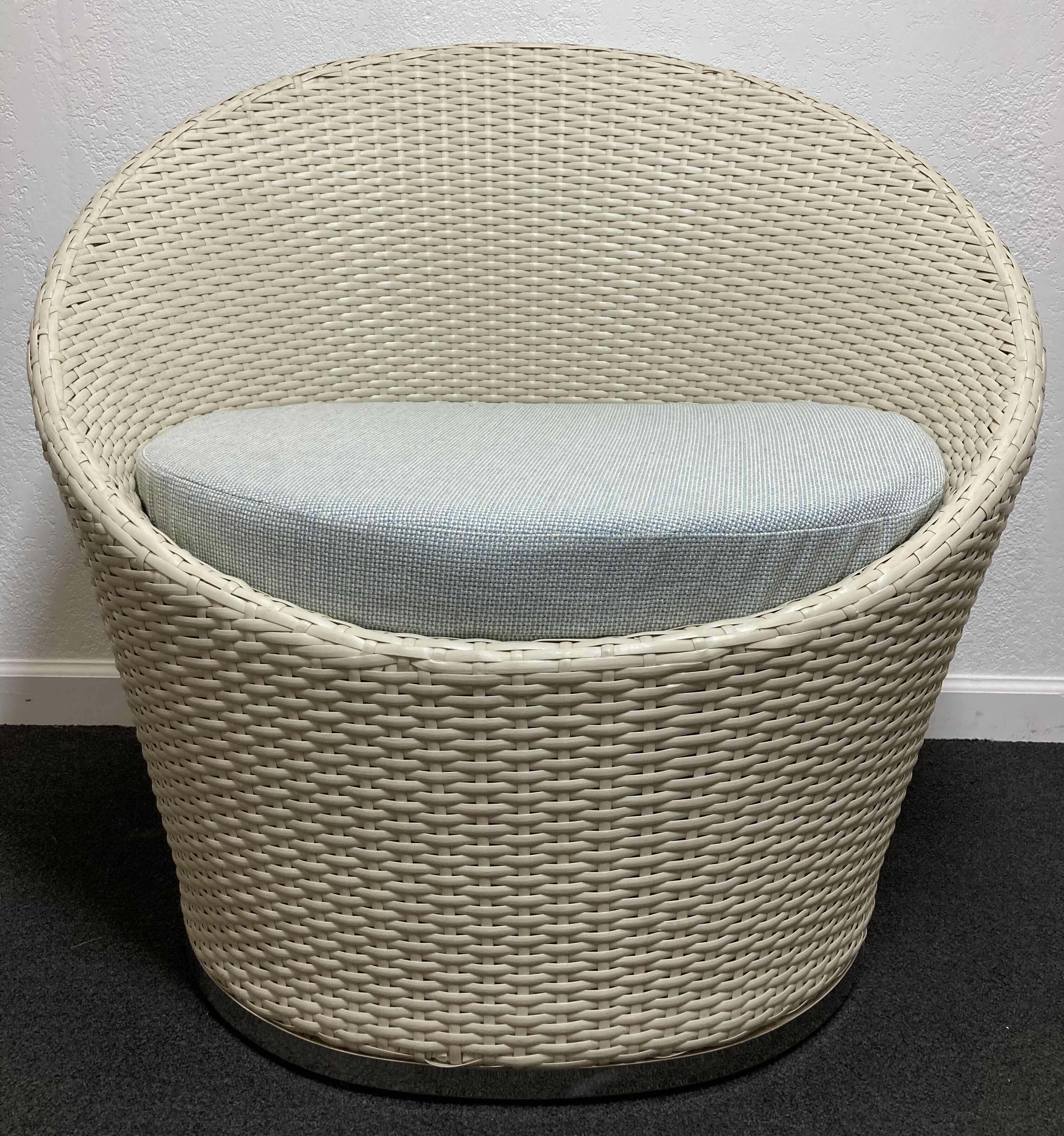 Photo 1 of SILHOUETTE OUTDOOR FURNITURE OFF-WHITE LUXURY WOVEN WICKER LOUNGE CHAIR W SEAT CUSHION & CHROME FINISH BASE 33” X 24” H28.5”
