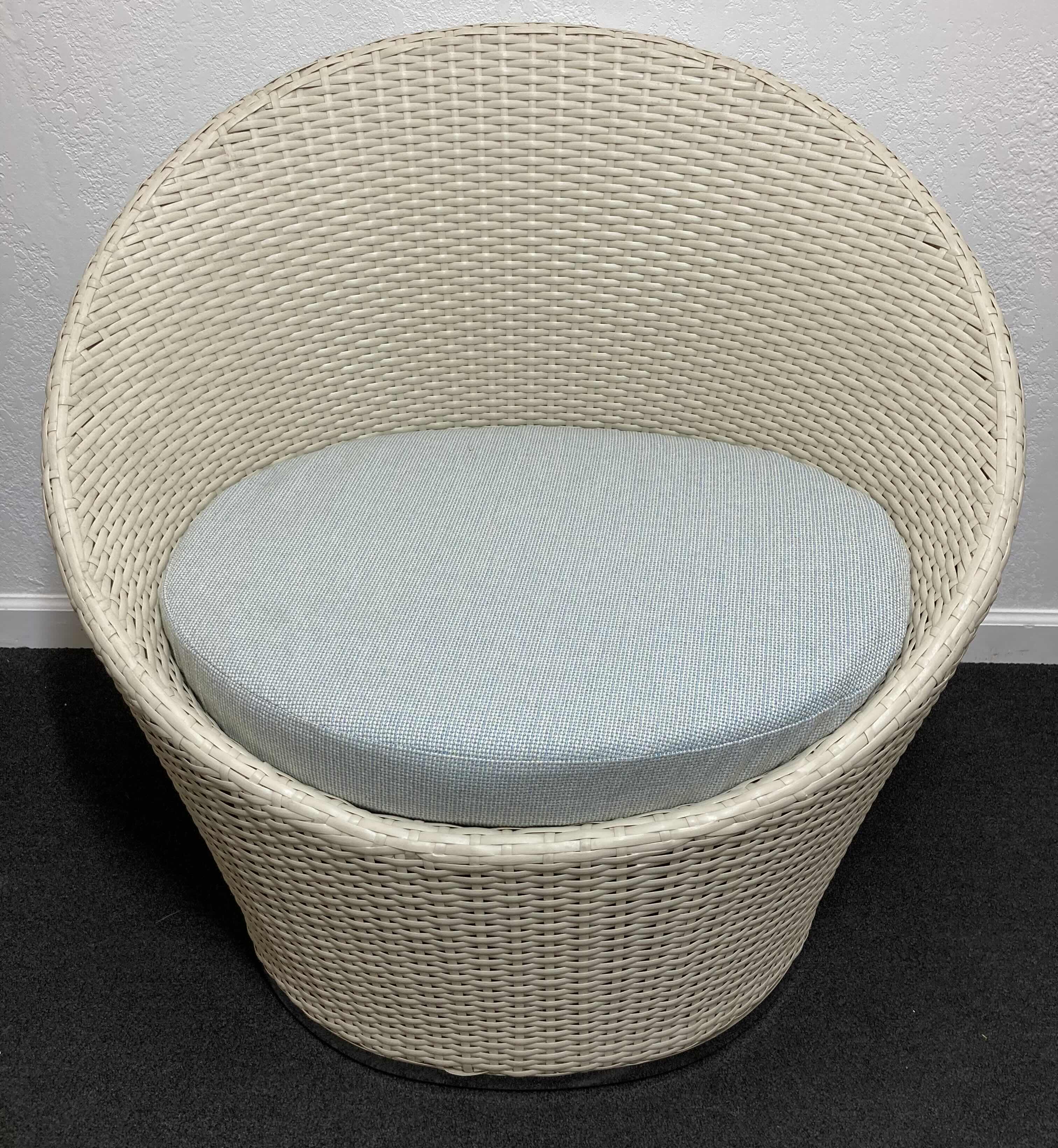 Photo 2 of SILHOUETTE OUTDOOR FURNITURE OFF-WHITE LUXURY WOVEN WICKER LOUNGE CHAIR W SEAT CUSHION & CHROME FINISH BASE 33” X 24” H28.5”