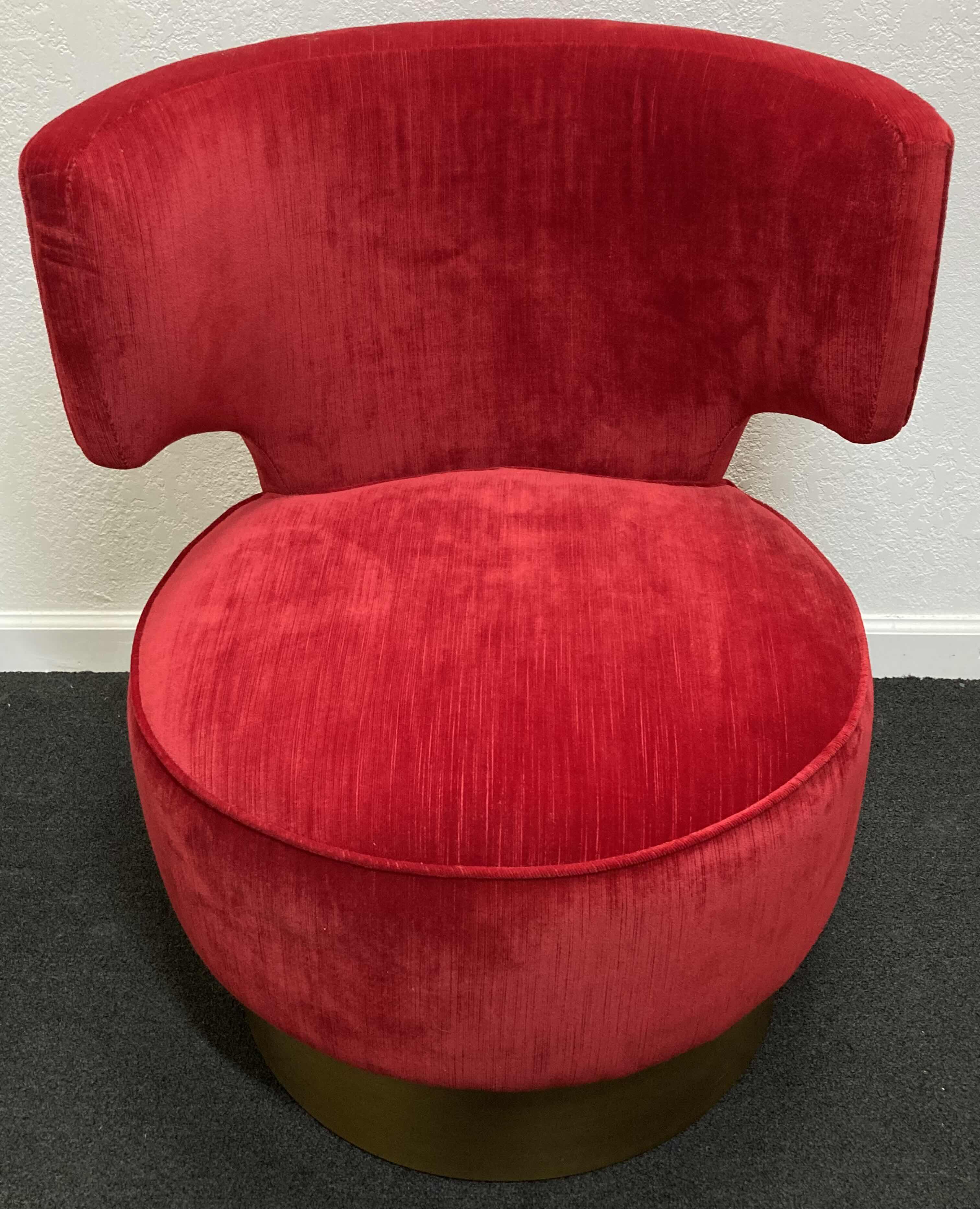 Photo 2 of RED VELVET BRASS FINISH BASE ACCENT CHAIR 24” X 23” H30”
