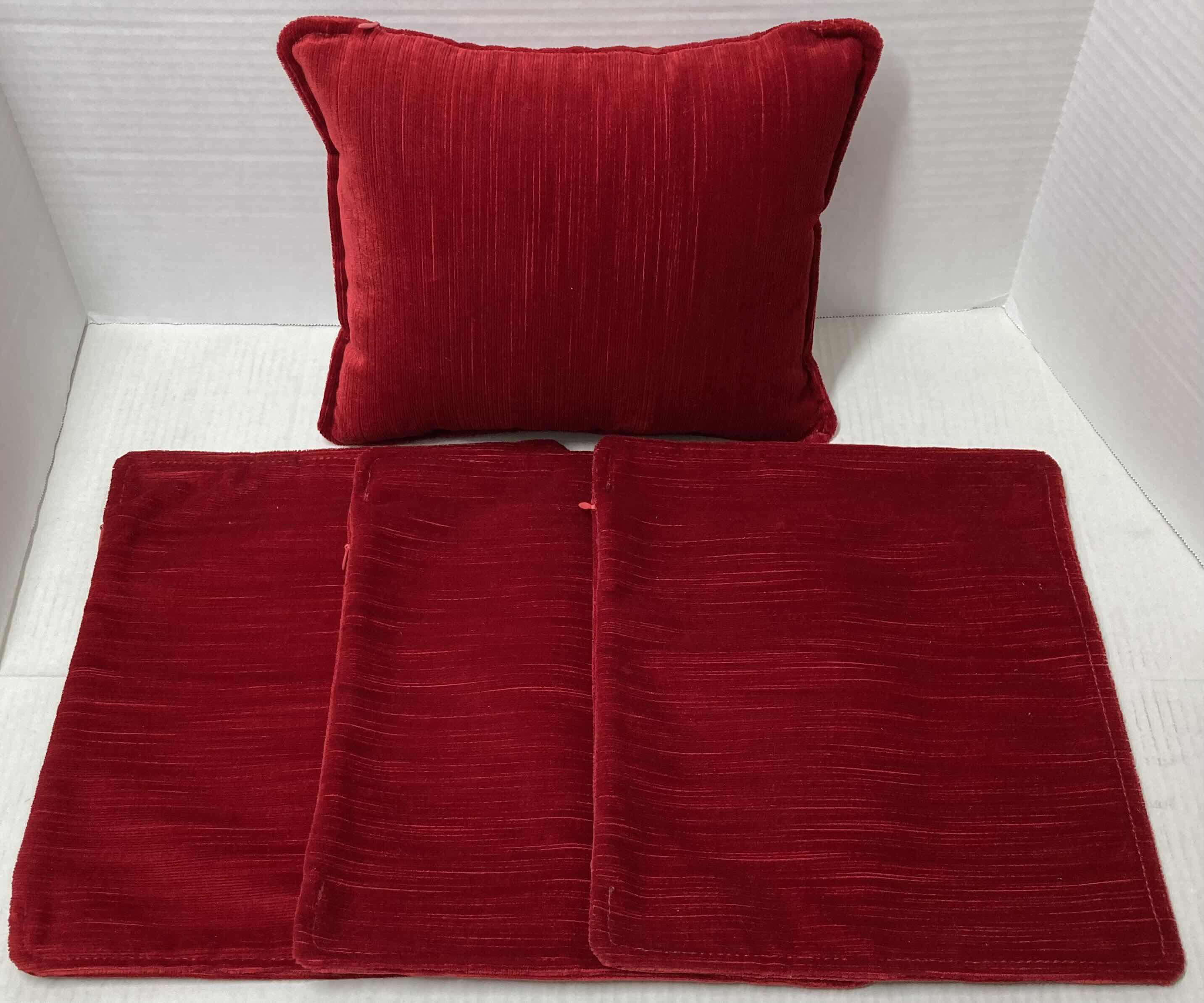 Photo 1 of RED VELVET THROW PILLOW W RED VELVET THROW PILLOW COVERS (3) 12.75” X 10.75”