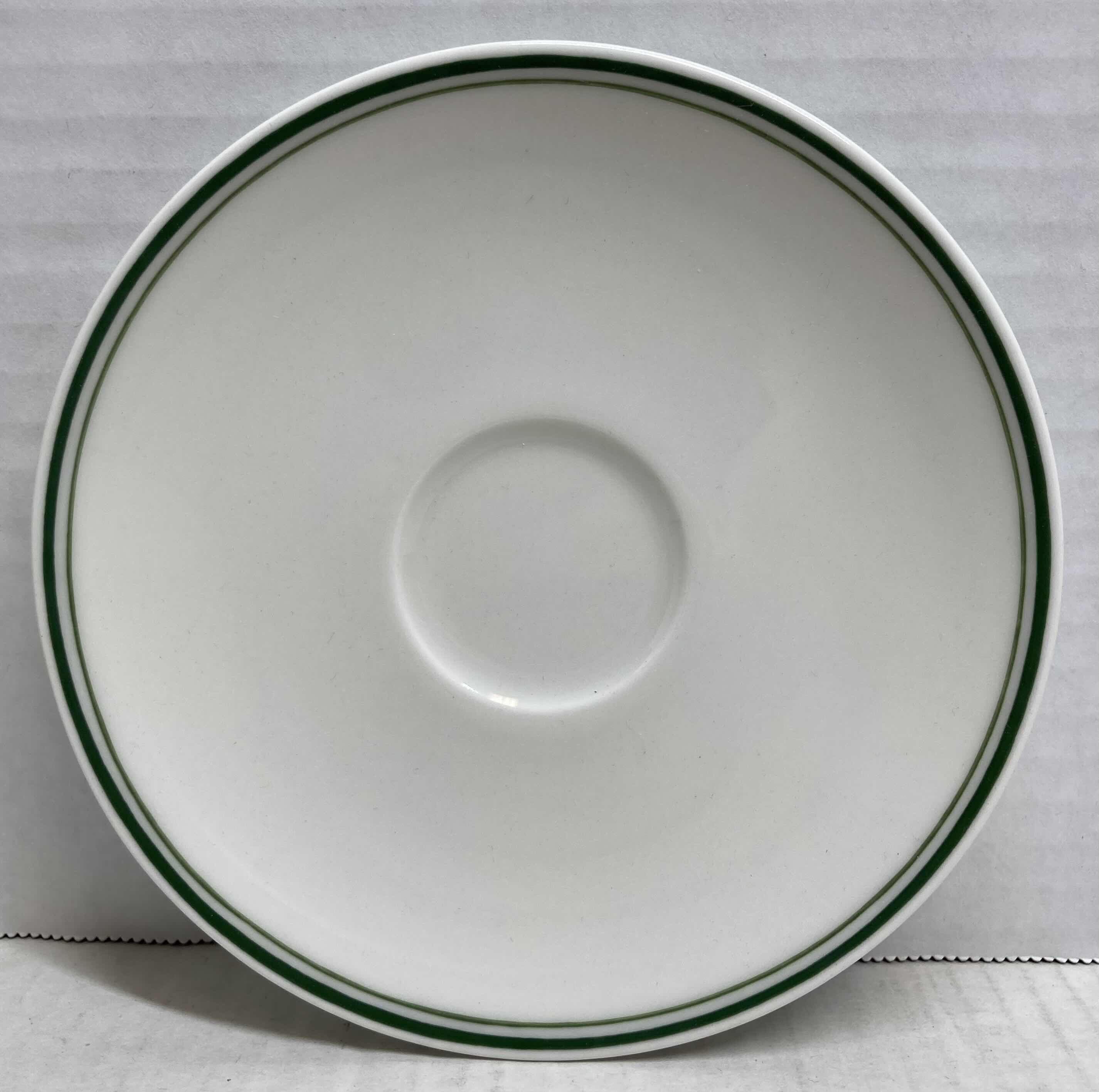 Photo 1 of NEW RAK PORCELAIN THE HENRY WHITE W GREEN LINE TRIM 6” COFFEE & TEA SAUCERS 12 PACK RESTAURANT GRADE