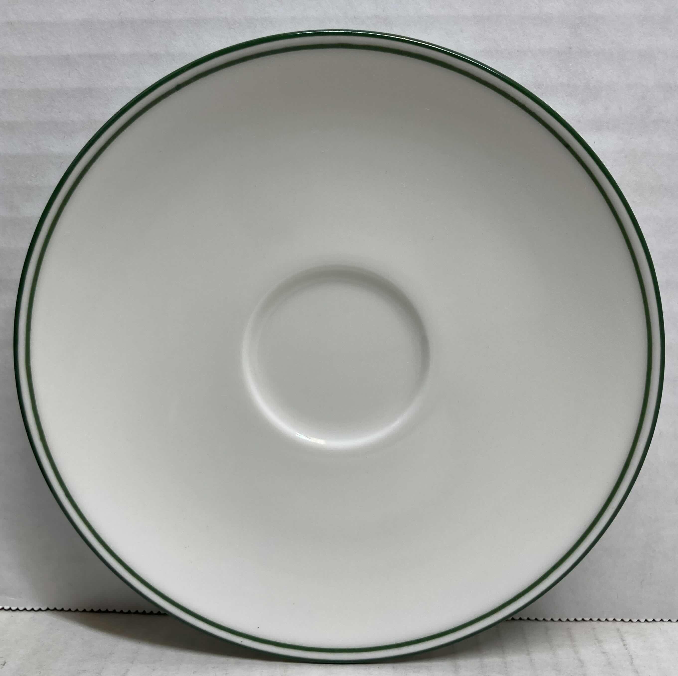 Photo 1 of NEW KENILWORTH PORCELAIN THE HENRY WHITE W GREEN LINE TRIM 6” COFFEE & TEA SAUCERS 12 PACK