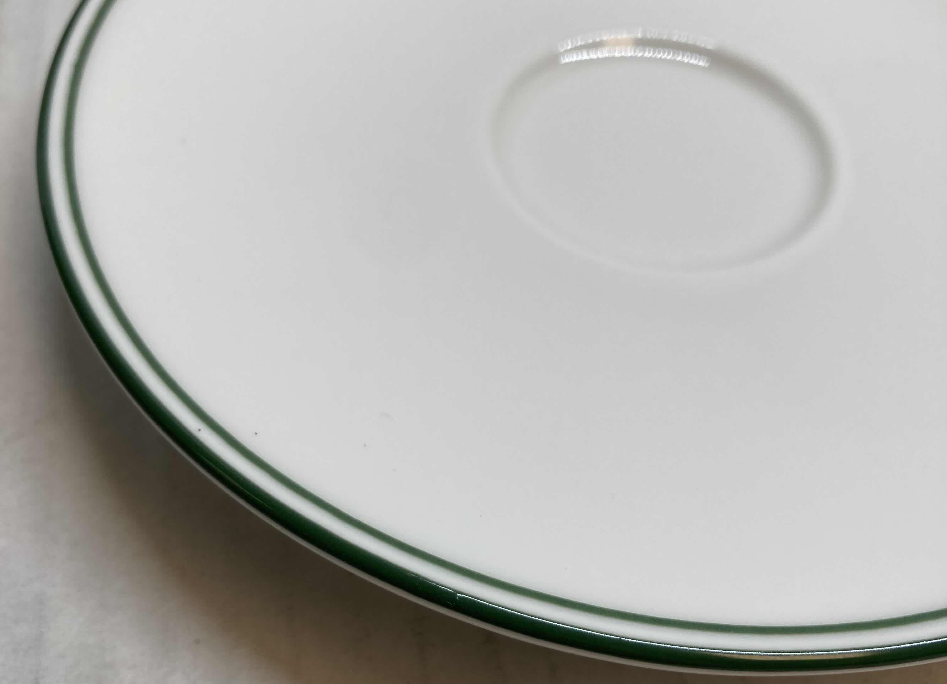 Photo 3 of NEW KENILWORTH PORCELAIN THE HENRY WHITE W GREEN LINE TRIM 6” COFFEE & TEA SAUCERS 12 PACK