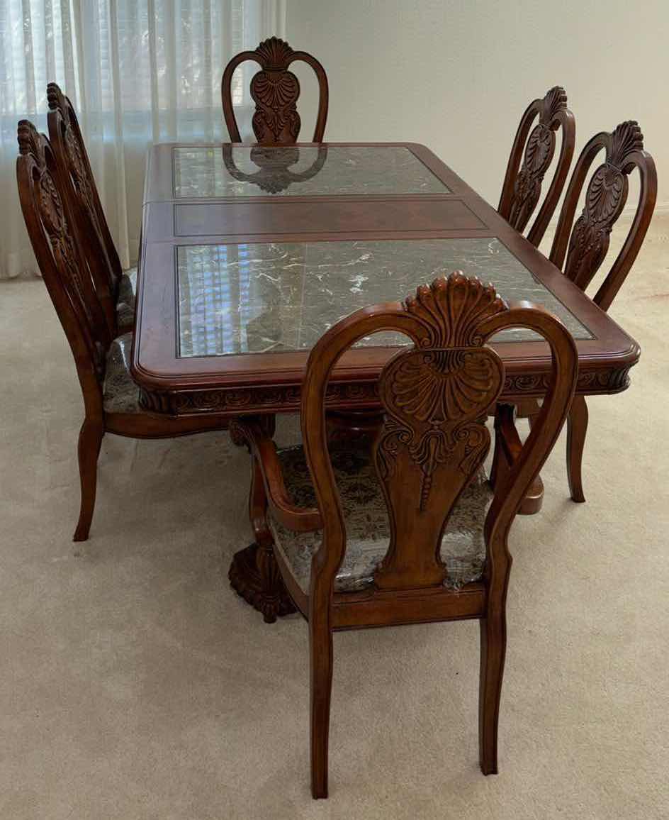 Photo 1 of 7 PC GRAND DESIGNS BY STANDARD FURNITURE MARBLE TOP DINING TABLE & CHAIRS (TABLE 44” X 80.5” H29.75”)