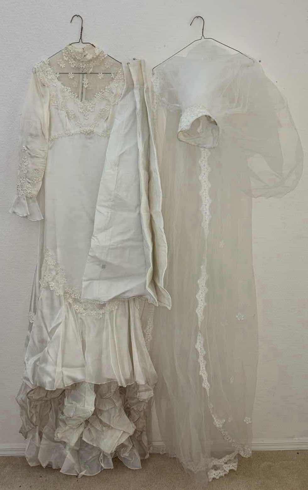 Photo 1 of VINTAGE (1975) CUSTOM WEDDING DRESS, SLIP, VEIL & WARDROBE BAG