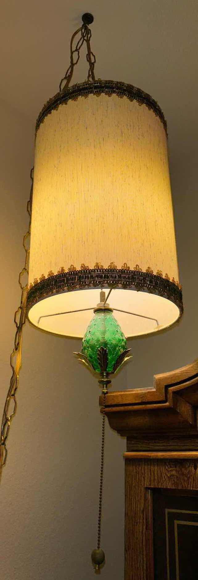 Photo 1 of MID-CENTURY PENDANT SWAG LAMP W DRUM SHADE & GREEN GLASS, 11 FT CHAIN/ 13 FT CORD, SHADE 10” X 15”H