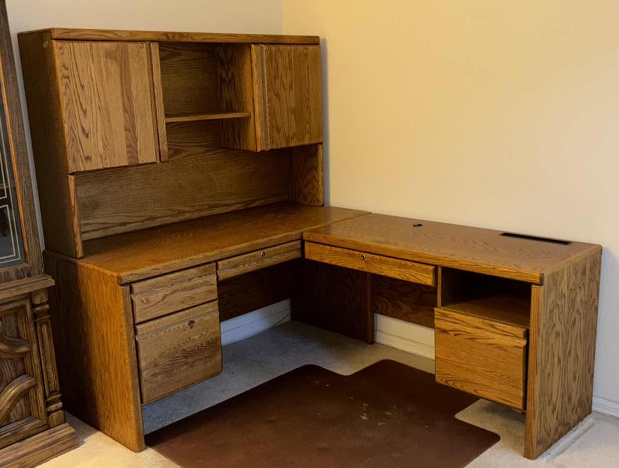 Photo 1 of 3 PC BAKER ROAD FURNITURE CORP OAK CORNER DESK (DESK W CUPBOARDS 25.25”X 60” H65” & SMALL DESK 21.5” x 48” H29.5”)