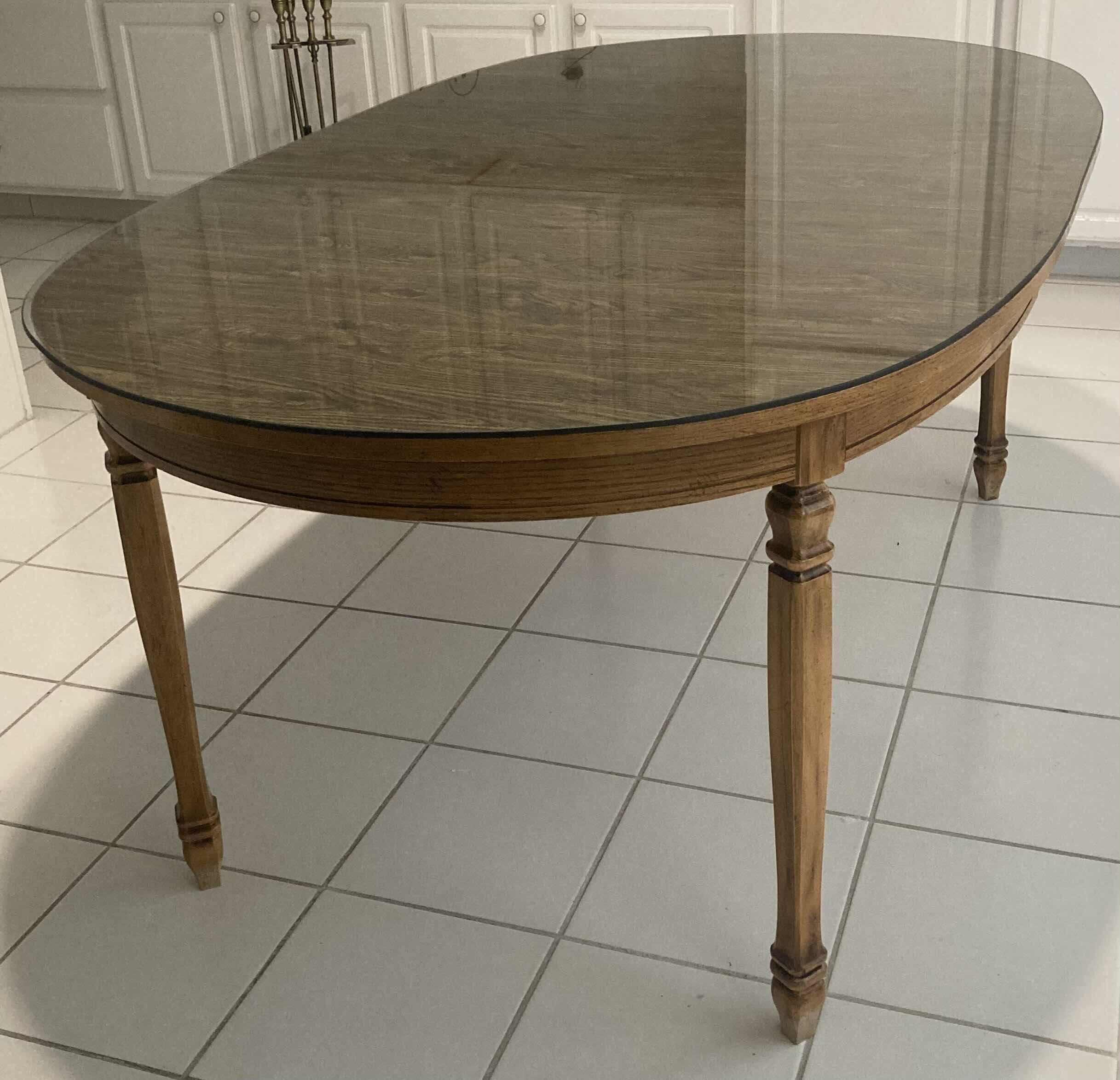 Photo 2 of MID CENTURY WOOD DINING TABLE W GLASS TOP 42” X 70” H29.75”