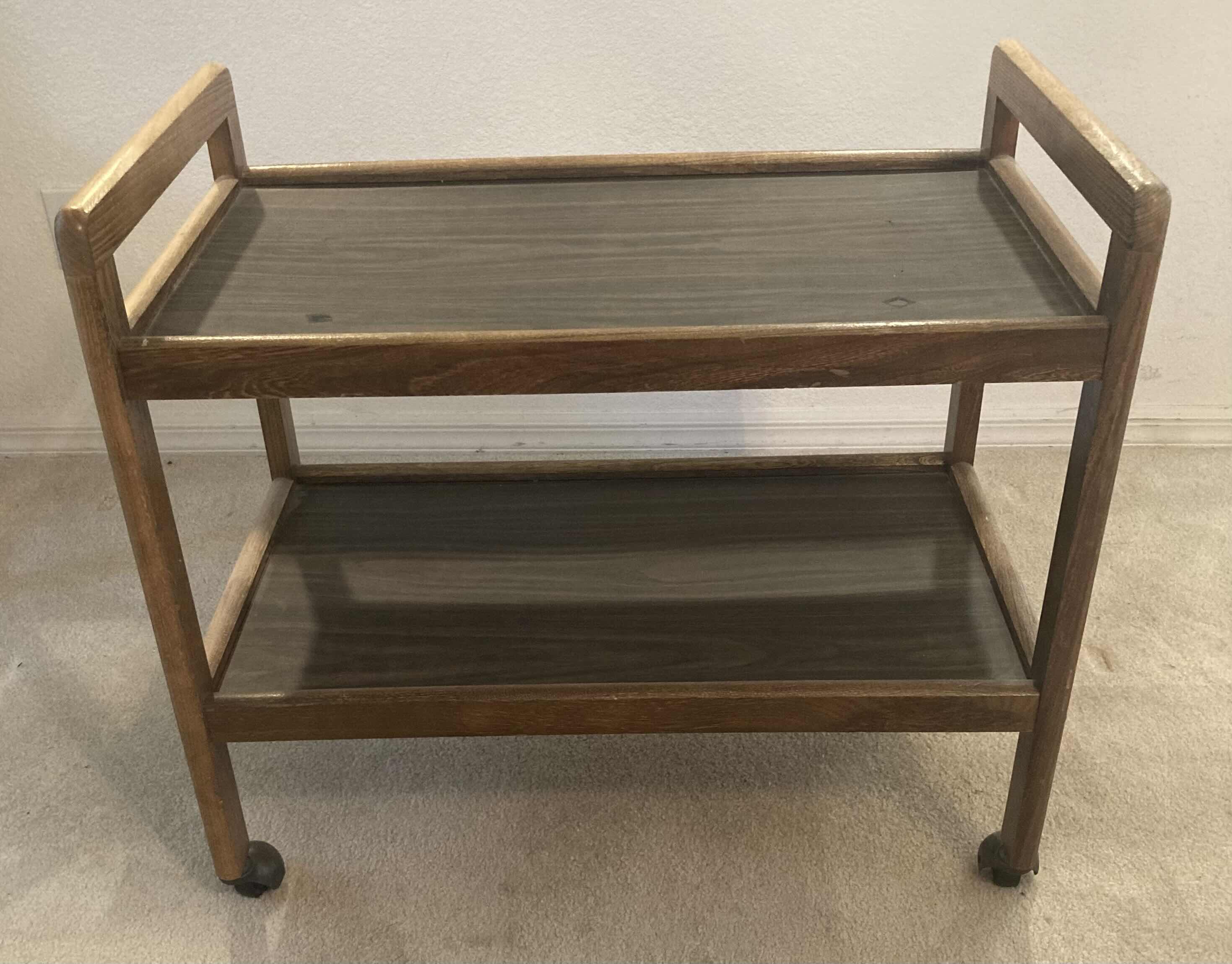 Photo 2 of MID CENTURY WOOD FINISH ROLLING BAR CART 30” X 17” H27”