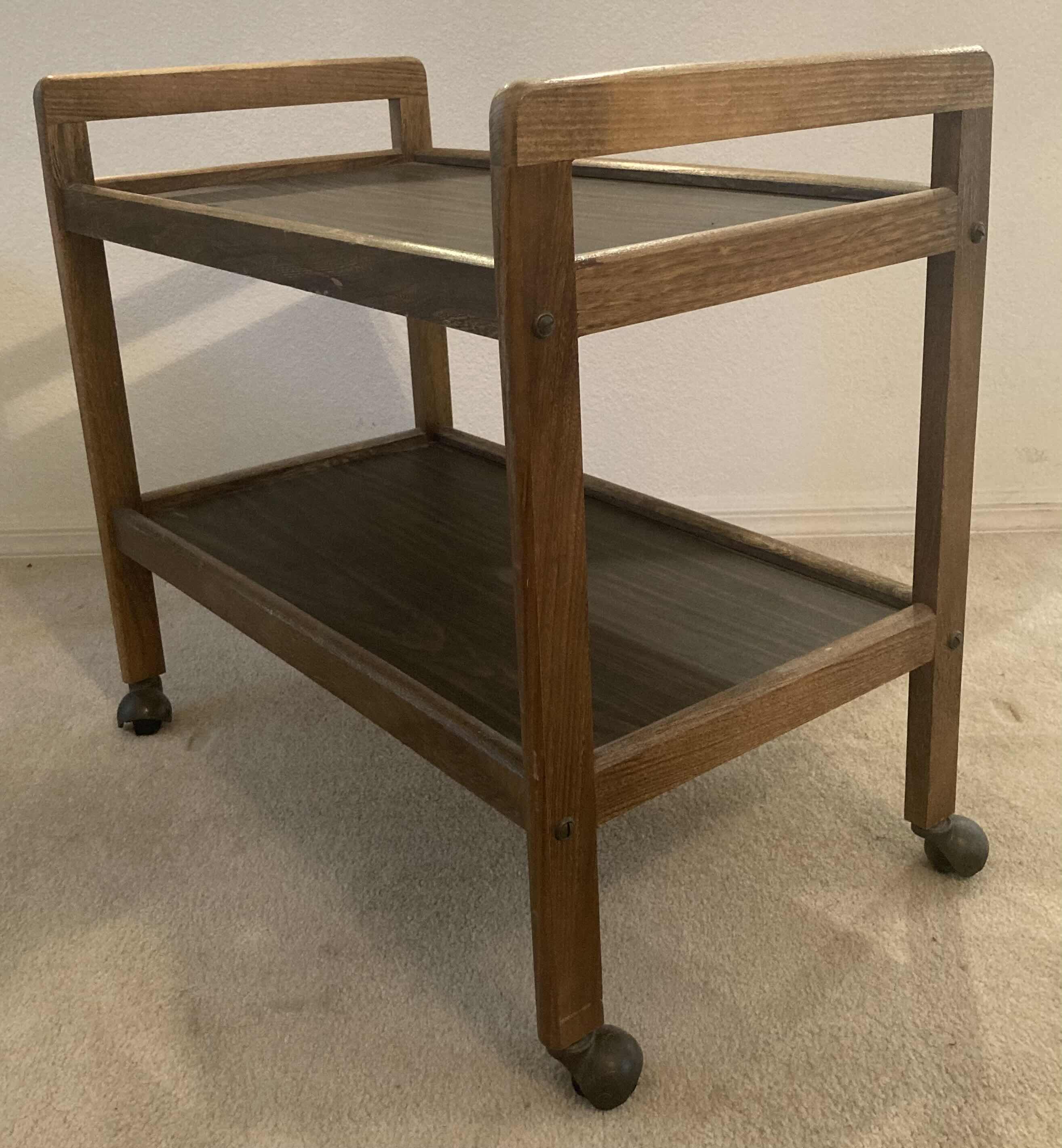 Photo 4 of MID CENTURY WOOD FINISH ROLLING BAR CART 30” X 17” H27”