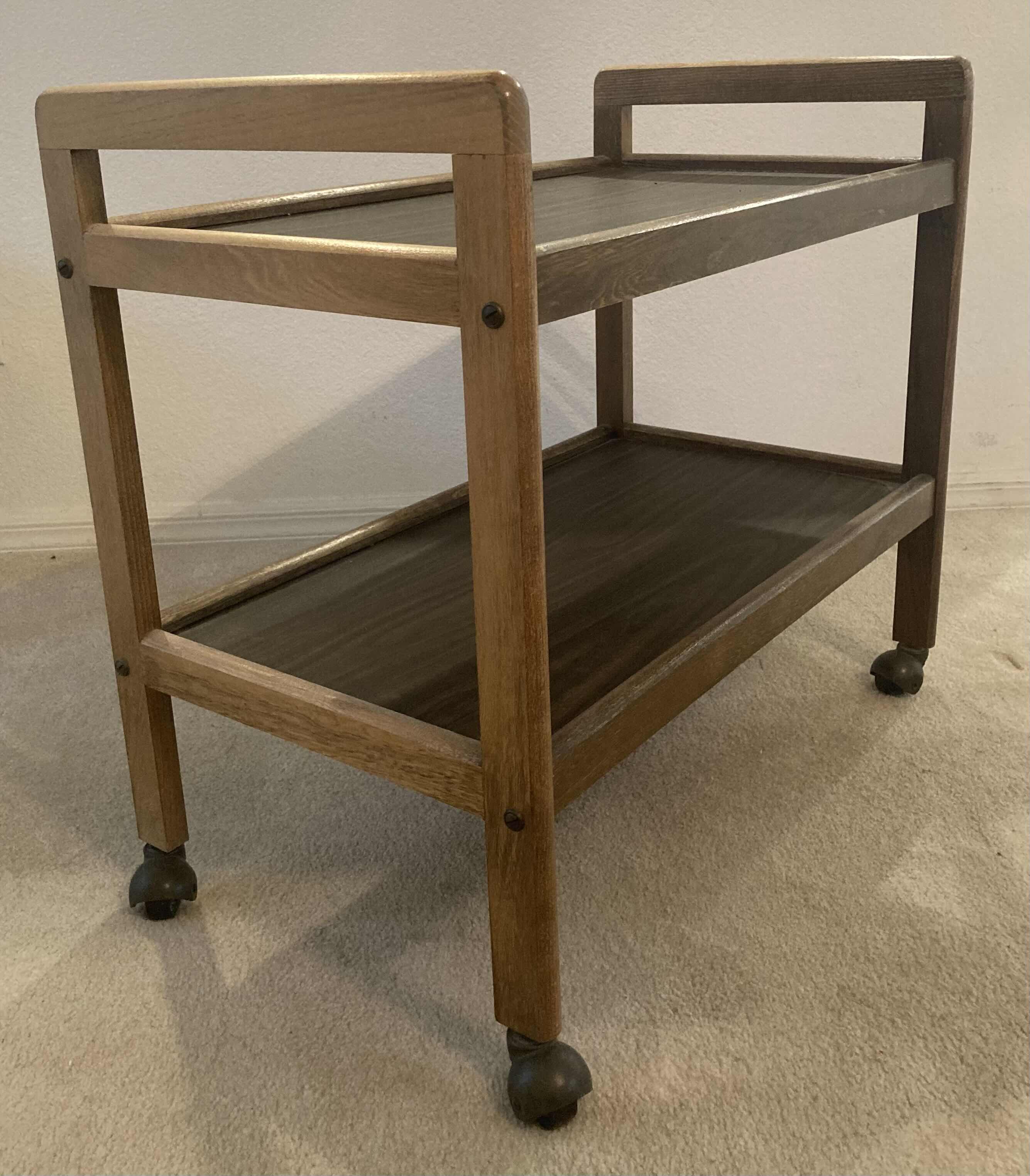 Photo 3 of MID CENTURY WOOD FINISH ROLLING BAR CART 30” X 17” H27”