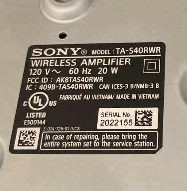 Photo 5 of SONY WIRELESS AMPLIFIER W SPEAKERS & REMOTE MODEL TA-S40RWR