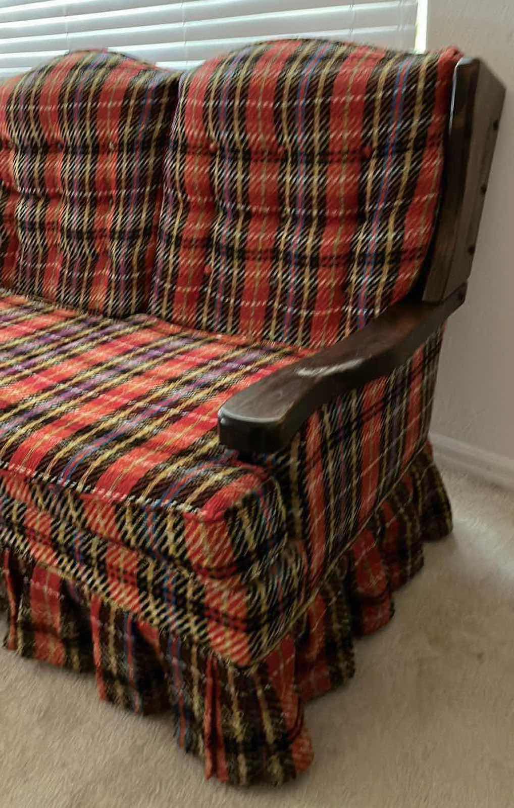 Photo 4 of CRESTLINE FURNITURE PLAID UPHOLSTERY WOOD FRAME LOVESEAT 53.5” X 36” H36”