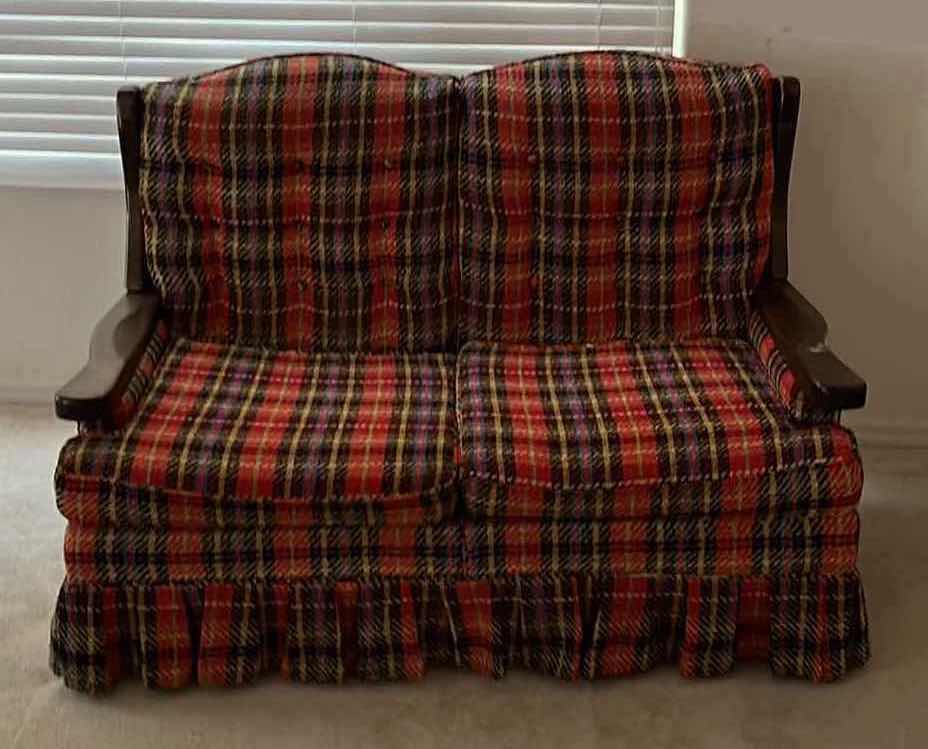 Photo 2 of CRESTLINE FURNITURE PLAID UPHOLSTERY WOOD FRAME LOVESEAT 53.5” X 36” H36”