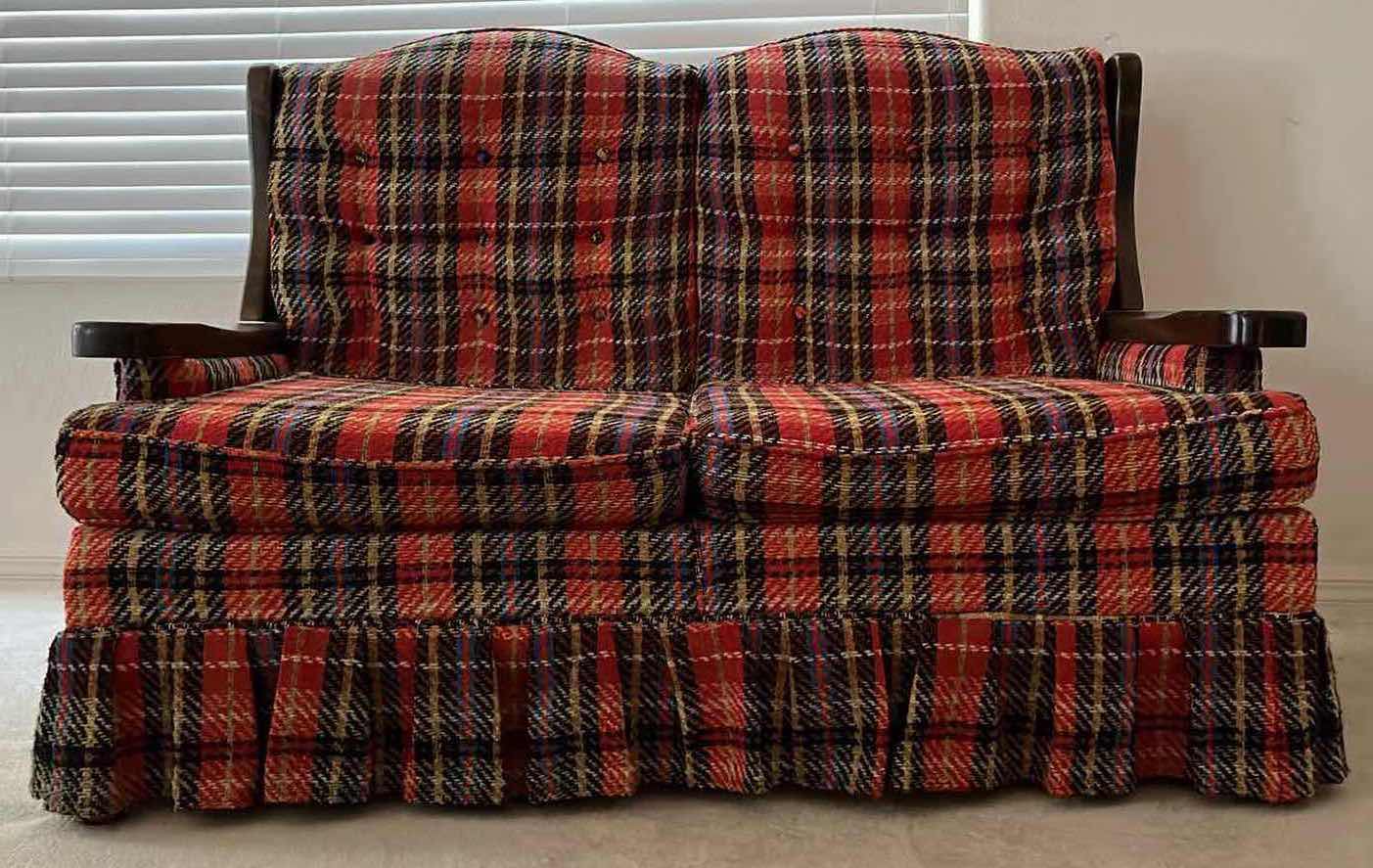 Photo 1 of CRESTLINE FURNITURE PLAID UPHOLSTERY WOOD FRAME LOVESEAT 53.5” X 36” H36”