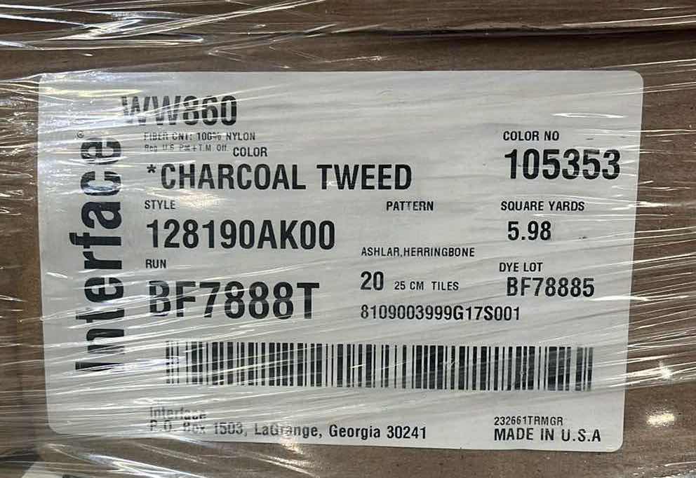 Photo 3 of INTERFACE CHARCOAL TWEED FINISH GLUE DOWN CARPET TILE 10” X 25.75” (53.82SQFT PER CASE/12CASES APPROX 645.84SQFT TOTAL) READ NOTES