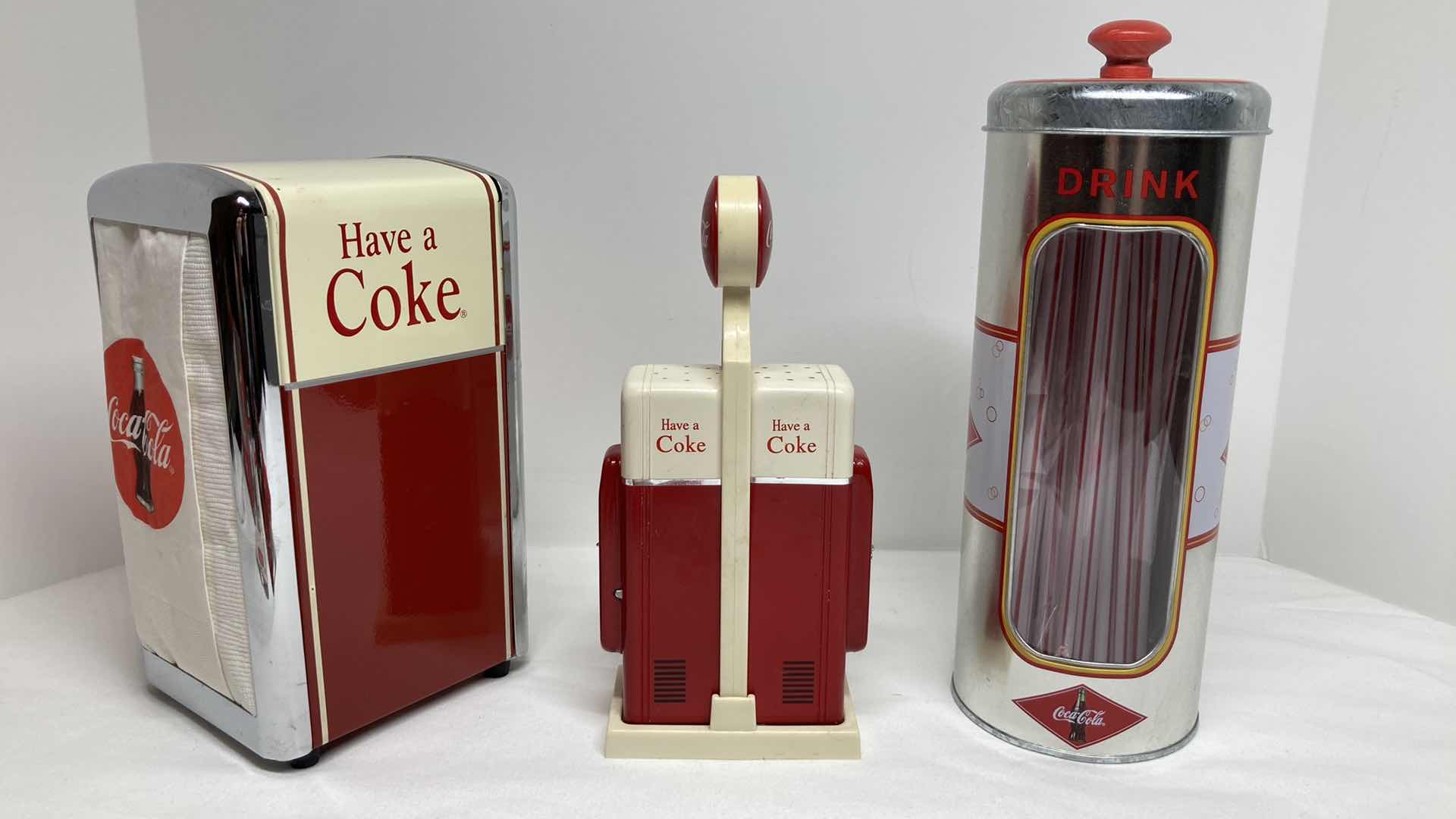 Photo 1 of COCA-COLA NAPKIN HOLDER, SALT & PEPPER SHAKERS, STRAW HOLDER