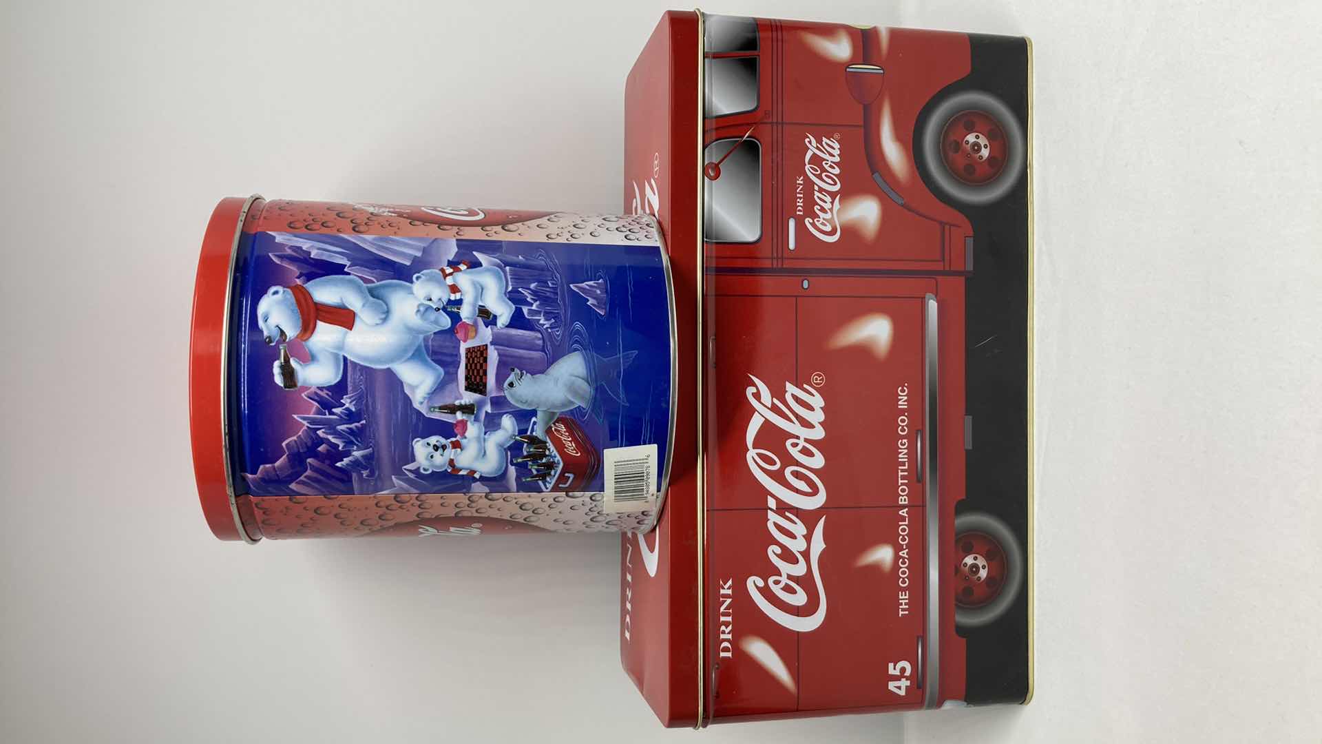 Photo 3 of COCA-COLA ROUND POLAR BEAR TIN AND RECTANGLE COKE TRUCK TIN 12” X 4.5” H6.5”