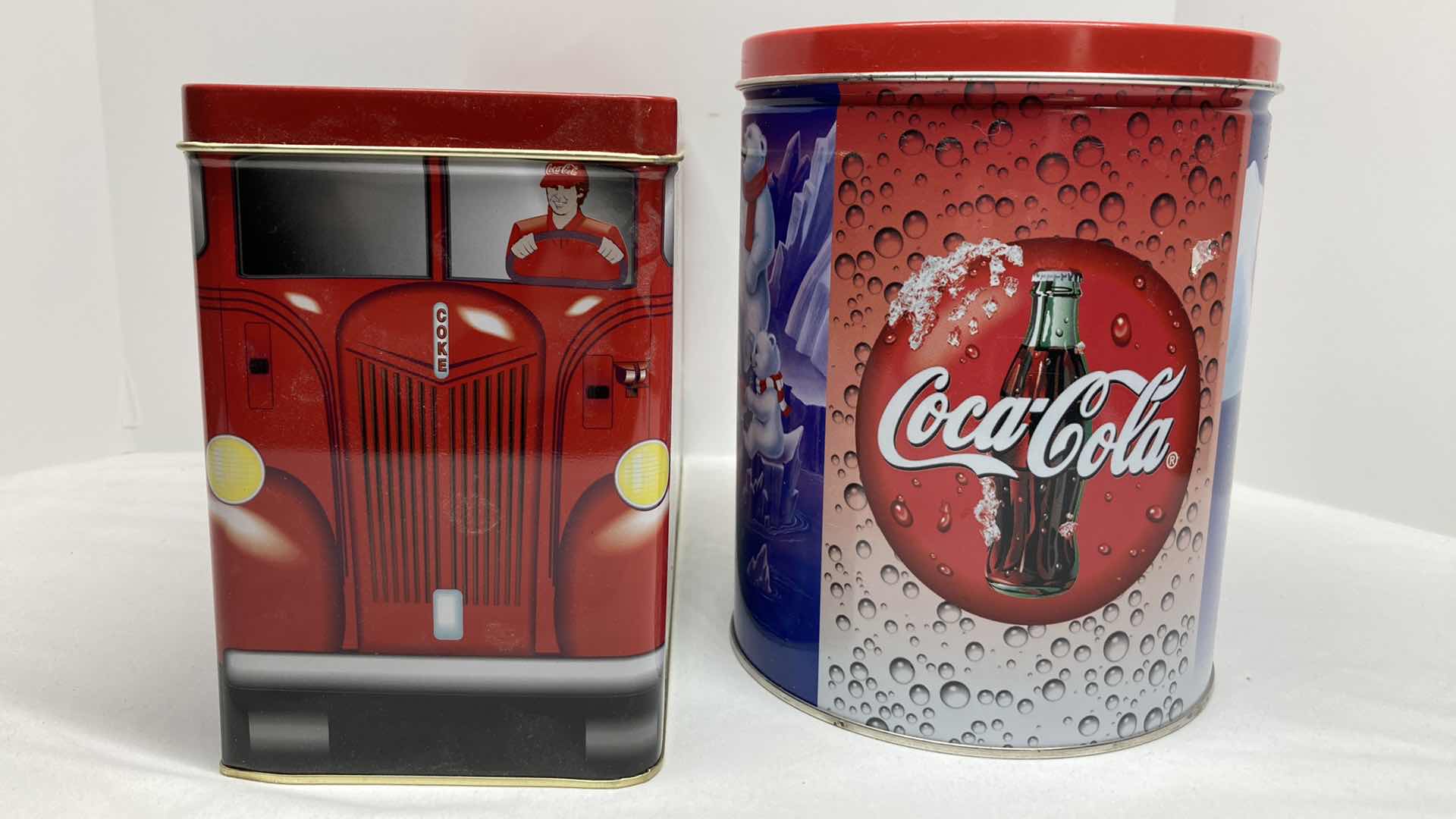 Photo 2 of COCA-COLA ROUND POLAR BEAR TIN AND RECTANGLE COKE TRUCK TIN 12” X 4.5” H6.5”