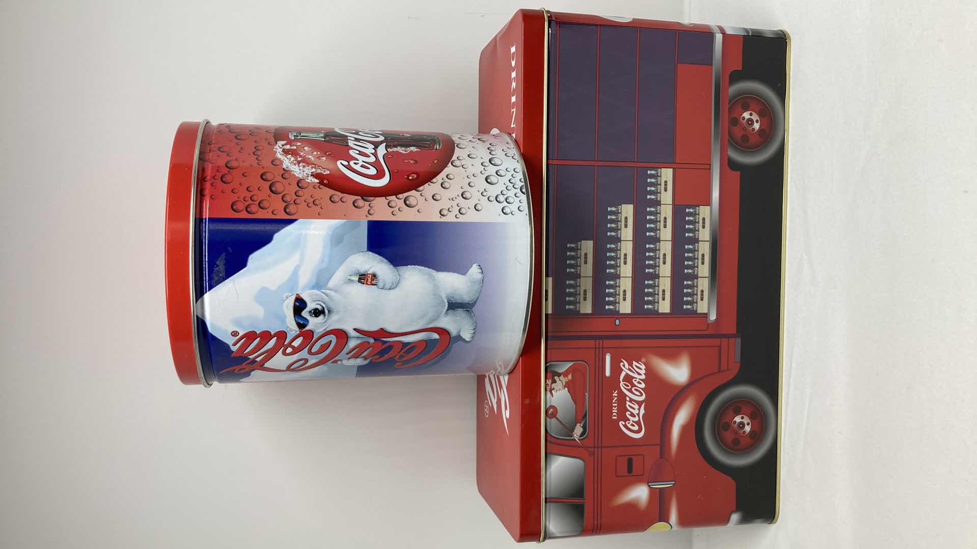 Photo 1 of COCA-COLA ROUND POLAR BEAR TIN AND RECTANGLE COKE TRUCK TIN 12” X 4.5” H6.5”