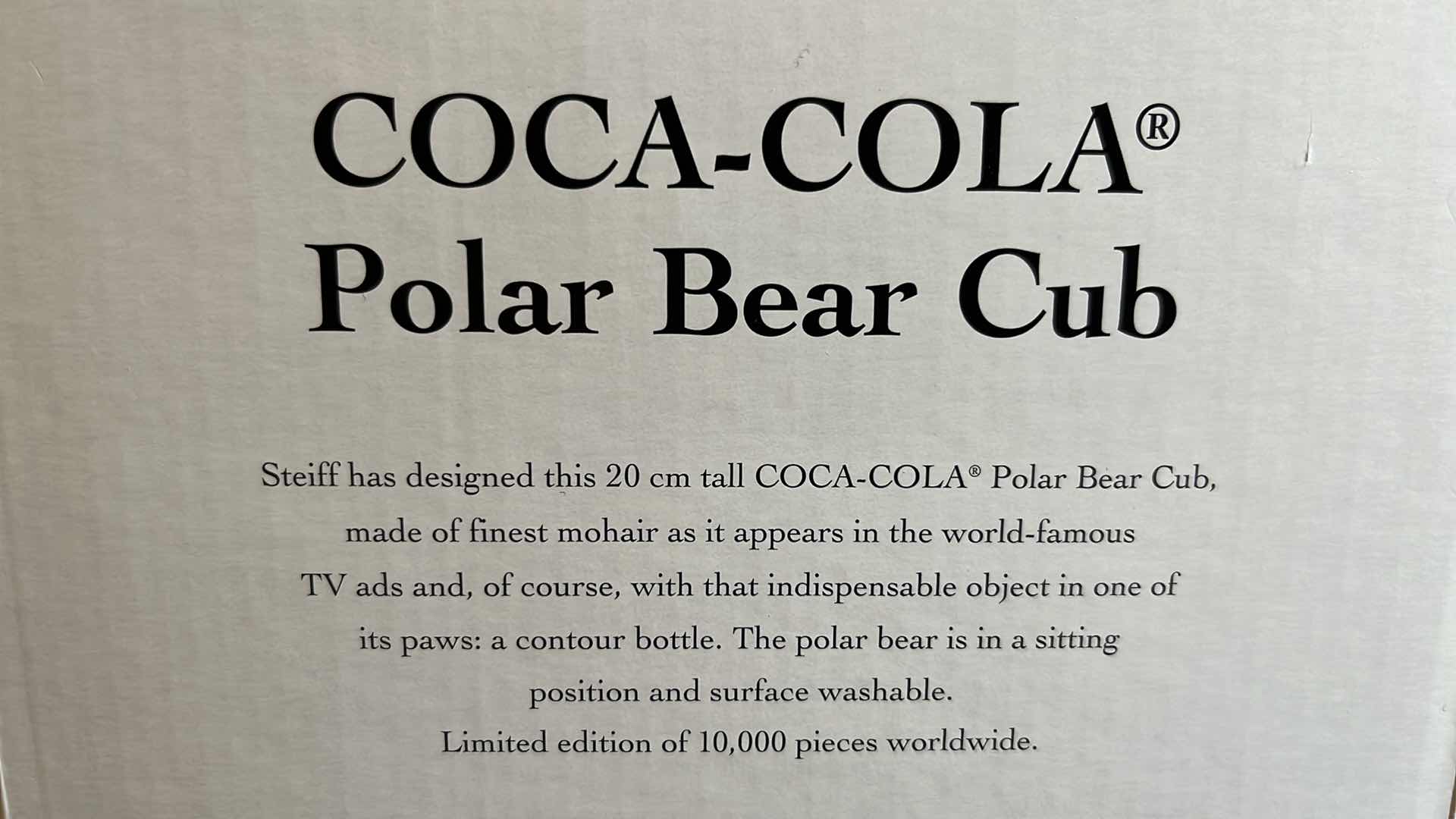 Photo 7 of NIB COCA-COLA POLAR BEAR CUB BY STEIFF, No. 1482/10,000, 8”H 2000 (STOCK # 666032)