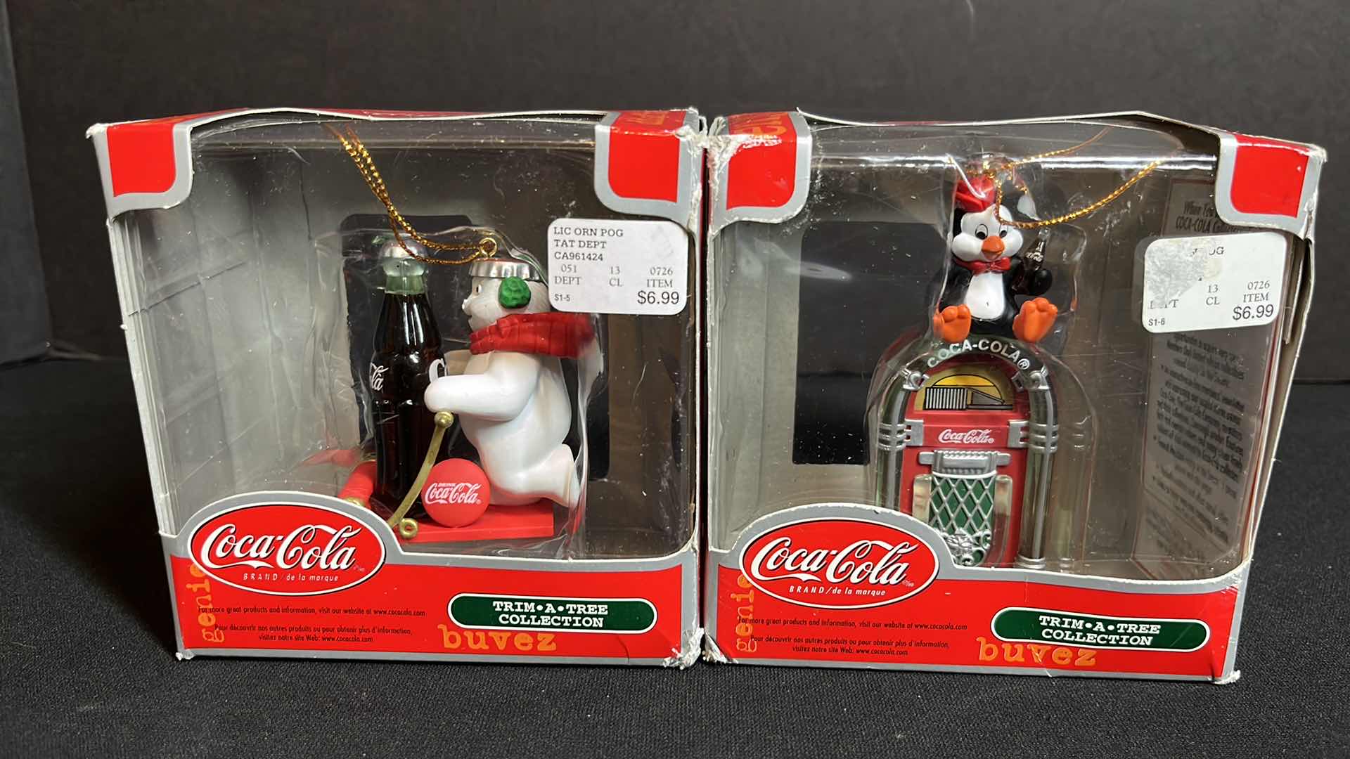 Photo 1 of COCA-COLA TRIM A TREE COLLECTION SLEDDING BEAR W SODA BOTTLE CHRISTMAS ORNAMENT & JUKE BOX W PENGUIN ORNAMENT