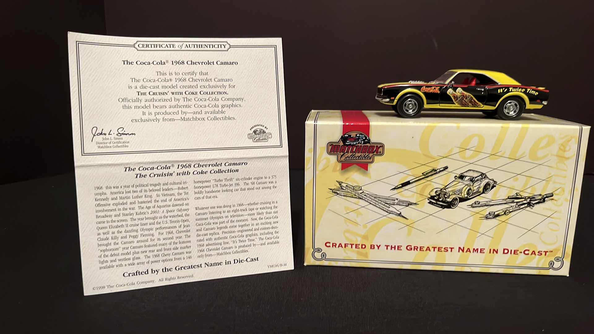 Photo 1 of COCA-COLA MATCHBOX COLLECTIBLES DINKY 1968 CHEVROLET CAMARO, W COA, 1995 (MODEL YMC06/B-M)