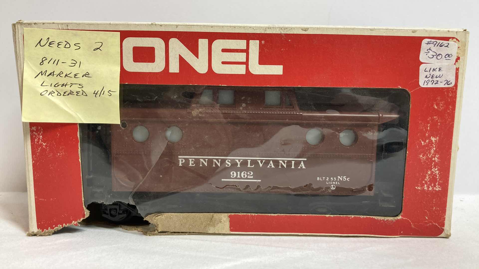 Photo 3 of LIONEL VIRGINIAN LIGHTED CABOOSE CAR 6-9175 & PENNSYLVANIA LIGHTED CABOOSE CAR 6-9162 (NEEDS MARKER LIGHTS)